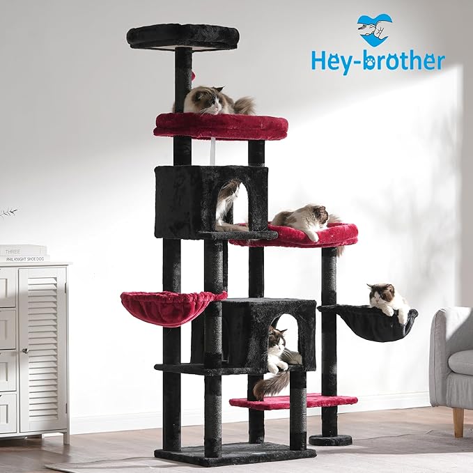 Hey-brother Cat Tree Tower, Scratching Posts with a Extended Part, Wide Platforms, Cozy Condos, Hammocks, Sisal Columns and Ball for Indoor Cats, 70.1 Inches, Black and Red MPJ038BR