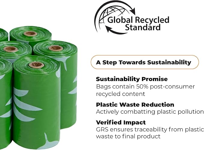 Best Pet Supplies Poop Bags for Dogs, 50% Post-Consumer Recycled Content dog waste bags on rolls, fits all poop bag holders for leashes - 300 Count, Green, Unscented