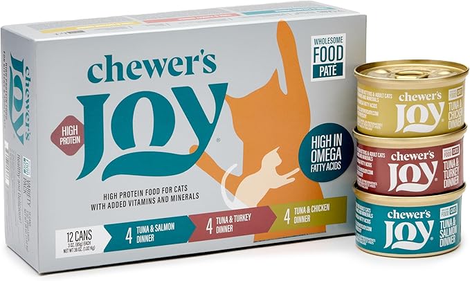Chewer's Joy Wet Cat Food Variety Pack – 3 Flavors: Tuna & Salmon, Tuna & Chicken, Tuna & Turkey – Natural Pâté – High Protein – Grain Free – Complete & Balanced Nutrition – 24 Cans (3 oz)