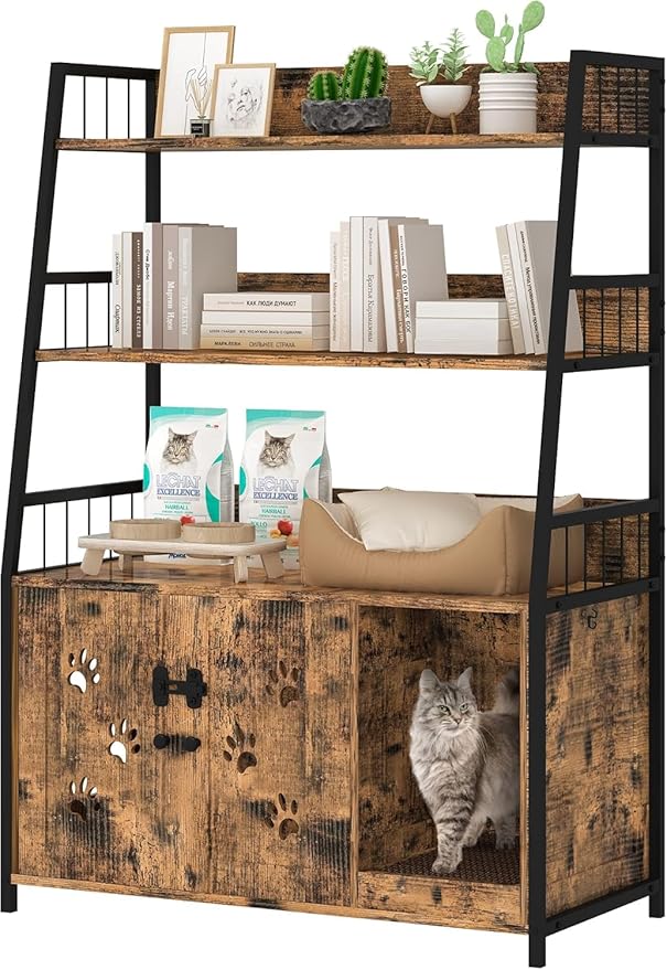 Recaceik Large Cat Litter Box Enclosure with Shelf Storage, Hidden Cat Washroom Furniture, Wooden Cat House with Scratch Pad, Sturdy Indoor Cat Cabinet with 2 Doors, Rustic Brown