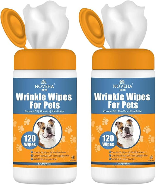 NOVEHA Wrinkle XL Wipes for Dogs | Wipes for Bulldog, French Bulldog, Pug, English Bulldog – Wipes for Multiple Areas Removes Dirt, Wrinkles, Folds, Tear Stain, Tail Pockets & Paws (240 Counts)