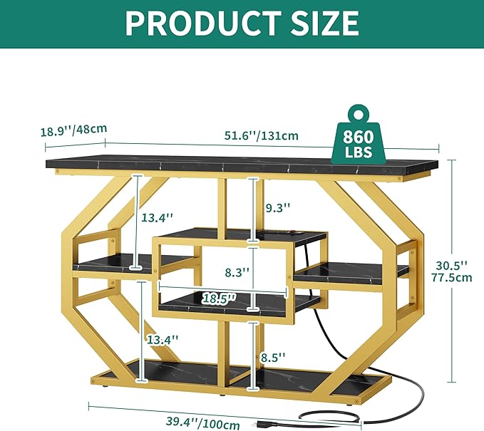 YITAHOME Heavy Duty 55-75 Gallon Fish Tank Stand with Power Outlet, Marble Aquarium Stand for Fish, Turtle, Reptile Terrarium, Shelves for Fish Tank Accessories Storage, 860LBS Capacity, Gold