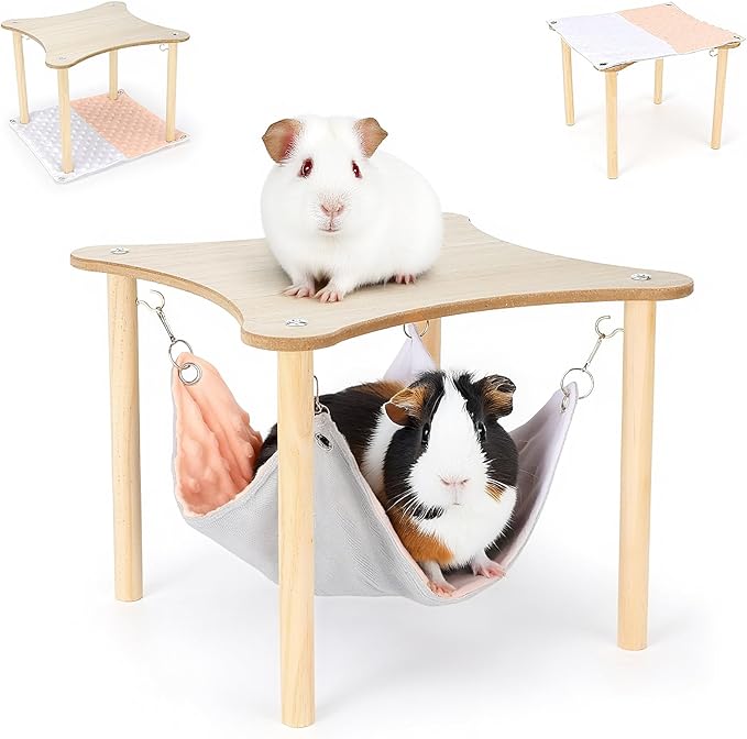 YUEPET Guinea Pig Hammock with Stand, Wooden Guinea Pigs Hideout Soft Ferret Hammock for Cage with Platform for Guinea Pig Ferret Dwarf Rabbit Chinchilla Hamster