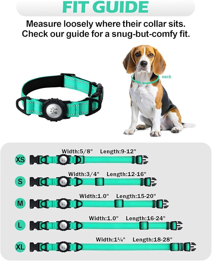TagME Airtag Dog Collar,Waterproof Reflective Pet Collar with Airtag Holder,Soft Padded and Double D-Rings for Extra Large Dogs,Turquoise