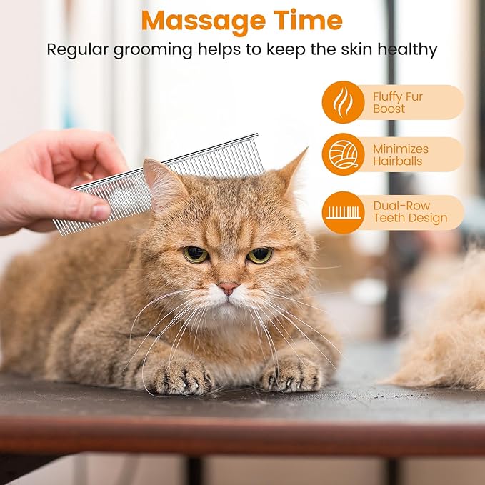 2Pcs Stainless Steel Dog Comb, Round Tooth Cat Comb with 2 Tooth Widths, Metal Combs for Removing Knots and Tangles, Grooming Tool for Long and Short Hair Pets, 7.5 IN Silver