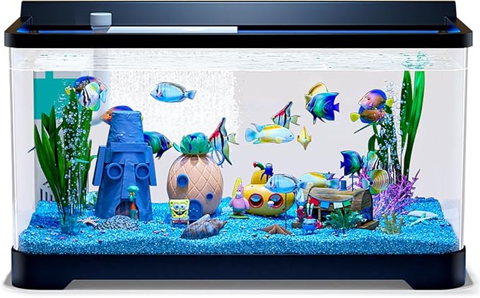 LED Aquarium Fish Tank Kit,（Light + Filter + Green Plants + Blue Sand + Pineapple Houses + Shells） Black, 4.5 Gallon