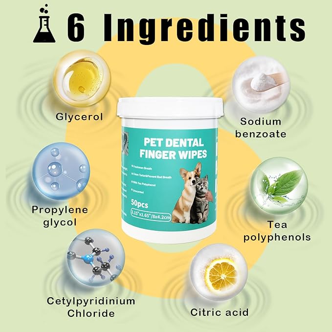 Dog Teeth Dental Finger Wipes for Dogs & Cats No-Rinse Dog Finger Toothbrush Dog Plaque & Tartar Prevention with Brushing Beads Dog Breath Freshene 50pcs