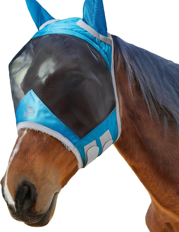 Harrison Howard CareMaster Pro Luminous Horse Fly Mask Large Eye Space Standard with Ears UV Protection for Horse Sky Blue S Pony