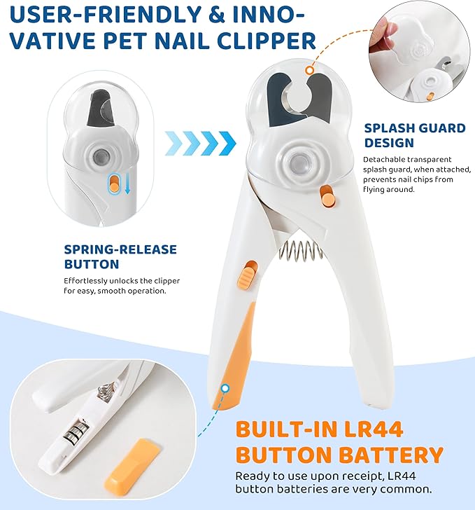 Pet Nail Clipper with Light for Cats & Small Dogs Puppies, Ultra Bright LED to Illuminate Nail Bloodline to Avoid Over Cutting, Extra-Sharp and Durable Cat Claw Trimmer with Nail File (White)