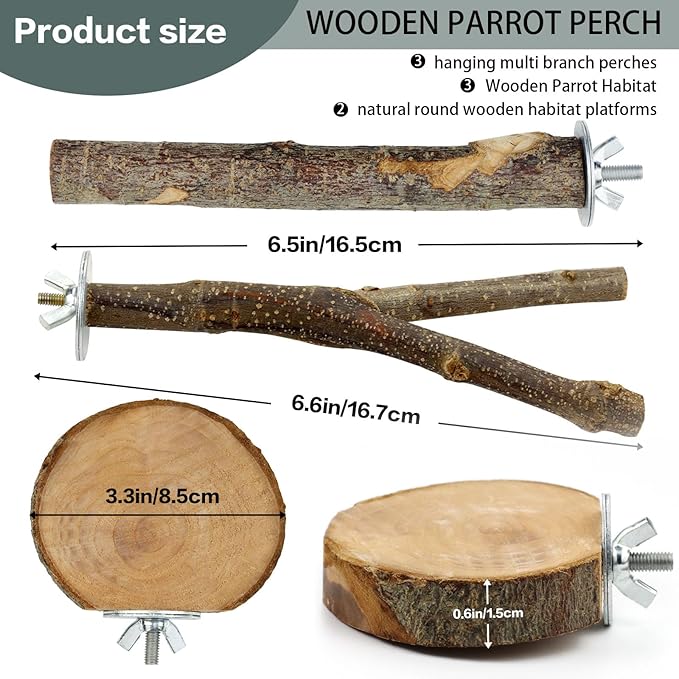 Natural Wood Bird Perches for Cage, Parrot Perch Stand & Platform, Bird Cage Accessories for Parakeets, Cockatiels, Conures, Lovebirds (Brown, Core Perch & Platform - 8PCS)