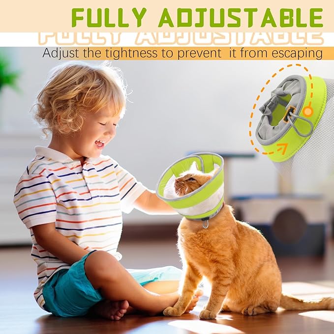 Breathable Air Mesh Cat Cone Collar Soft - Adjustable Recovery Collar to Stop Licking After Surgery, Foldable Lightweight E-Collar for Cats & Kittens (Green,S)