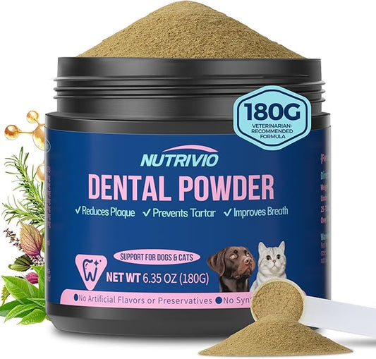 Dental Powder for Dogs & Cats - 5 Strains of Probiotics with 10B CFU, Natural Ingredients for Plaque & Tartar Control, Fresh Breath Oral Care,Safe for All Breeds & Ages Pets - 6.35oz(180g)