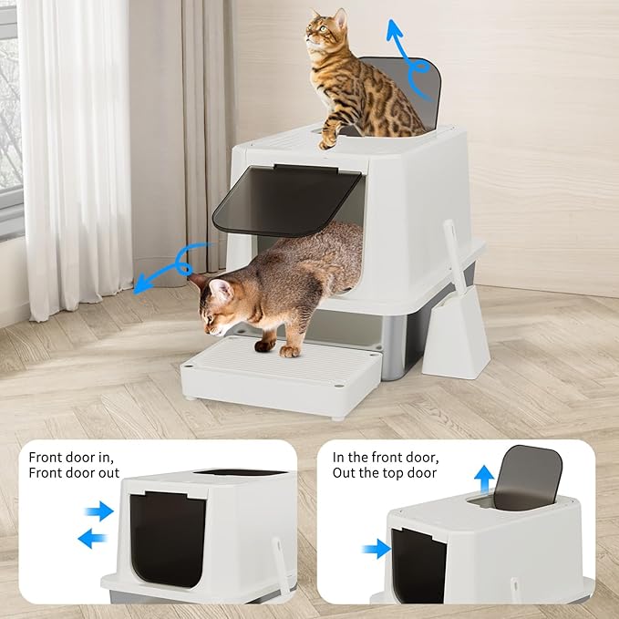 RIZZARI Stainless Steel Cat Litter Box, Enclosed Top-Entry Design, Large Capacity High-Sided Leak Proof Litter Pan for Cats, Easy Clean Pet Toilet (Beige, with Cat Litter)