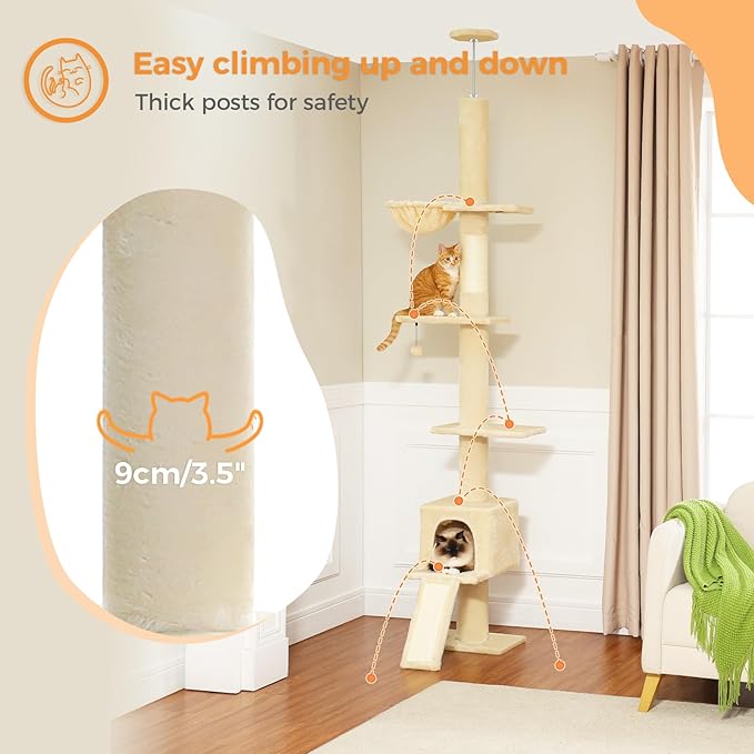 PEQULTI Floor to Ceiling Cat Tree, Tall Cat Tower, Adjustable Height (83''-108'') 5 Levels Climbing Tree for Indoor Cats with Cat Condo, Cozy Hammock and Scratching Post, Beige