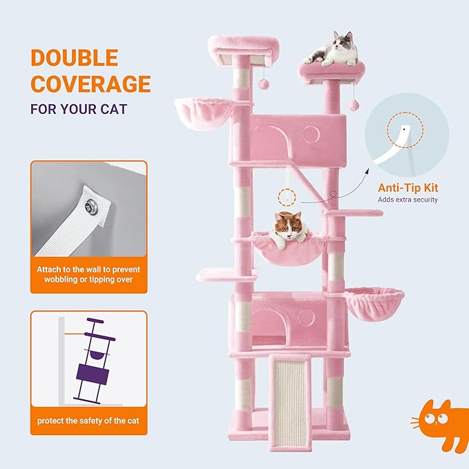 Allewie 81 Inches Tall Cat Tree/Multi-Level Large Climbing Tree House and Towers for Big Feline/Condo and Hammock/Scratching Post/Wide Base/Pink