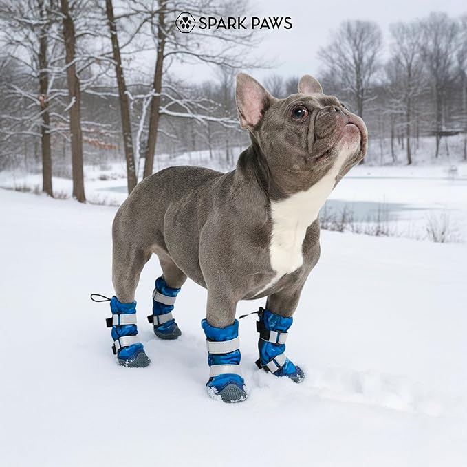 Spark Paws Dog Shoes, Waterproof Dog Boots for Medium to Large Dogs, Non Slip, Breathable Dog Booties and Paw Protectors - 4PCS Doggie Hiking Boots with Reflective Straps, Blue Camo, Size 5