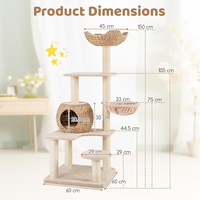 PETSITE 59 inch Cattail Cat Tree Tower, Multi-Level Cat Tower with Natural Sisal Scratching Posts, Condo, Basket, Top Perch and Jumping Platforms, Modern Tall Cat Tree for Indoor Cats
