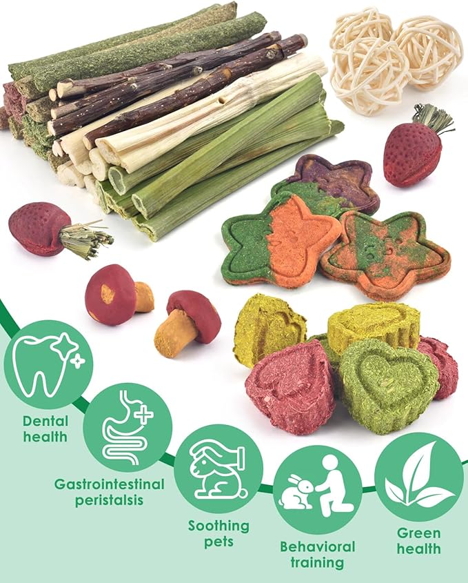ERKOON 53 Bunny Chew Toys for Rabbits Teeth, Natural Rabbit Toys Apple Wood Sticks, Carrot, Timothy Grass for Small Pets, Hamster, Chinchilla, Guinea Pig Dental Care and Treat Teething(53)