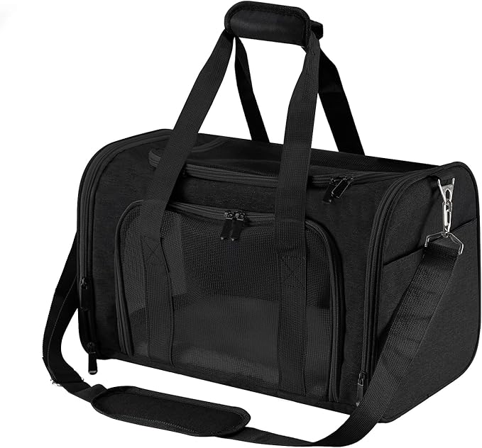 Roaringkitty Travel in Style: Portable Pet Carrier for Small Pets up to 15 Lbs- Airline Approved, Collapsible & Comfortable cat/Puppy Soft Sided Bag (Black)