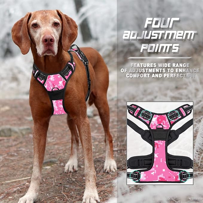 BARKBAY No Pull Dog Harness Front Clip Heavy Duty Reflective Easy Control Handle for Large Dog Walking(Pink camo,L)