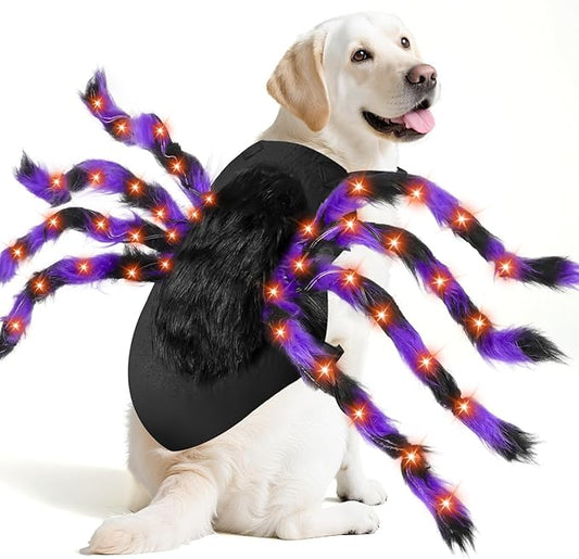 Light-Up Halloween Spider Dog Costume with Orange LED Lights, Purple & Black Furry Spider Costumes for Pets, Funny Halloween Costume Outfit for Cosplay Party (XL)