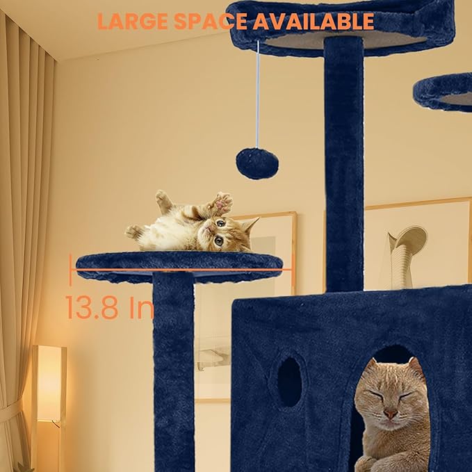 54.7 inches Cat Tower - Multi-Level Cat Condo with Scratching Posts, Hanging Toys, Navy Blue