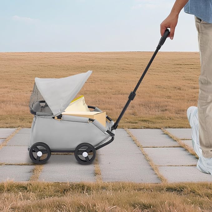 Small Dog Stroller, Pe4-Wheel Portable Dog & Cat Stroller with Semi-Open Design, Foldable Pet Cart with Canopy for Small Dogs or Cats Weighing Less Than 15.43 Pounds (Grey)