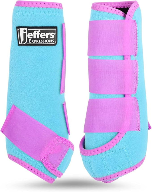 Jeffers Equine Neon Horse Boots – 1 Pair – Turquoise & Purple – Medium Size – Breathable Neoprene, Secure Straps Closures – Durable Protection for Front & Hind Legs, Trail & Riding Use