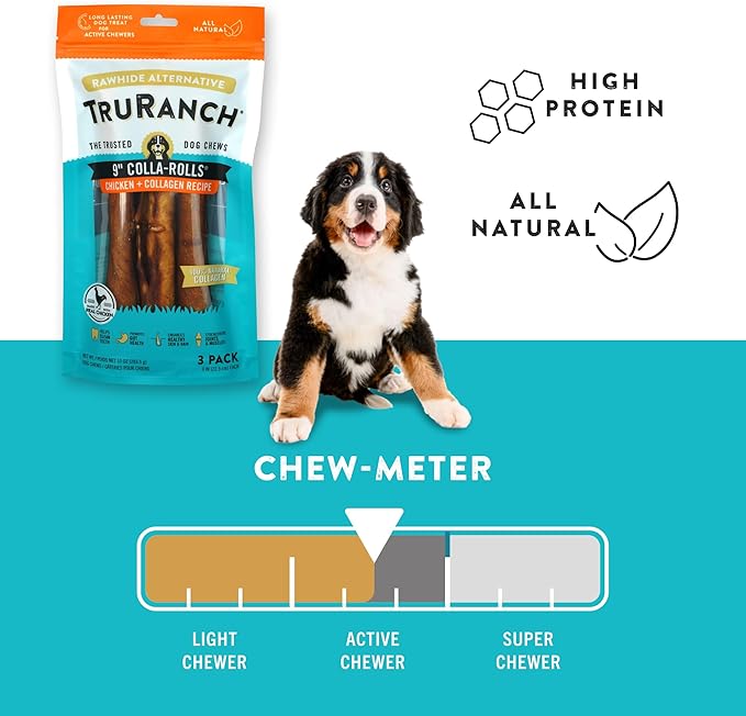 Collagen Rolls - 9" Collagen Rolls for Dogs - Long Lasting Healthy Joint Support Dog Treat - Rawhide Alternative - Skin & Coat Health - Made with Real Chicken, 1 Bag, 3 Count