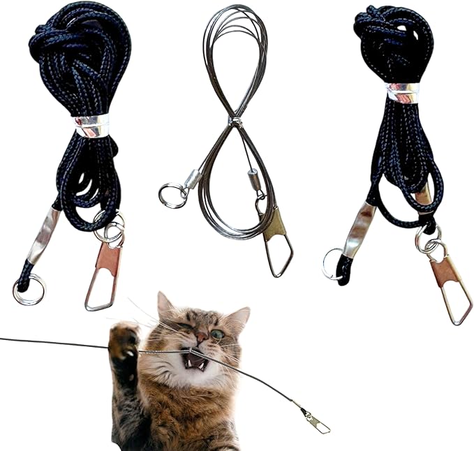 Replacement Strings for Cat Wand Toy - 3-Pieces - Chew-Proof Metal Wire and 2 Durable Paracord Strings - Heavy Chewers Pack Cat Wand Toy Refill Strings with Universal Clasps for All Lures