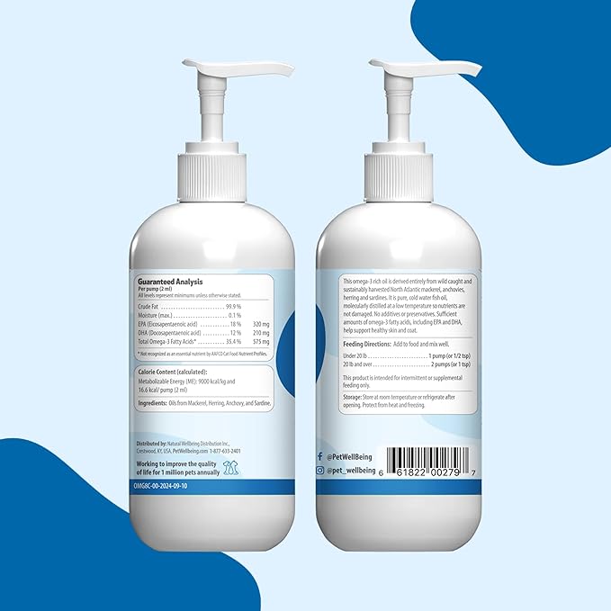 Pet Wellbeing Omega-3 Icelandic Fish Oil for Cats - Wild-Caught, Cold-Water Fish, Healthy Skin and Coat, Joint Health and Mobility, Fatty Acids, Anchovies, Sardines - EPA, DHA - 8 fl oz (236 ml)