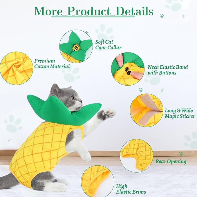 EMUST 2PCS Cat Recovery Suit & Cat Cone Collar Female, Soft & Adjustable Dog Surgery Suit Female Spay for Abdominal Wounds, Cotton Cone for Cats to Stop Licking for Small Female Pets 8-16lb, Yellow, L