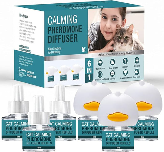 Cat Calming Diffuser 6 in 1 Multicat Calming Pheromones Diffusers Relief Stress Anxiety Fighting Scratching 90 Days Calm Relaxing Pheromone for Cats kit 48ml Refill Fits All Common Diffuser Plug In
