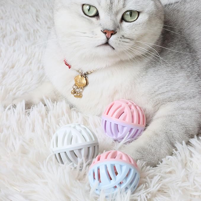Rubber Cat Toy Balls with Inside Bell, Soft TPR Interactive Cat Ball Toys for Puppy Dogs and Kittens, Colorful Hollow Teeth Grinding Ball Interactive Sound Toy for Indoor Cats, 3 Pcs