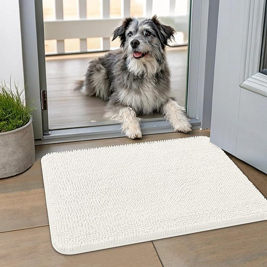 Smiry Dog Door Mat for Muddy Paws 24x16, Absorbs Moisture and Dirt Doormat, Non-Slip Washable Quick Dry Chenille Front Door Mat Indoor Entrance, Entryway Carpet for Inside Floor, Ivory