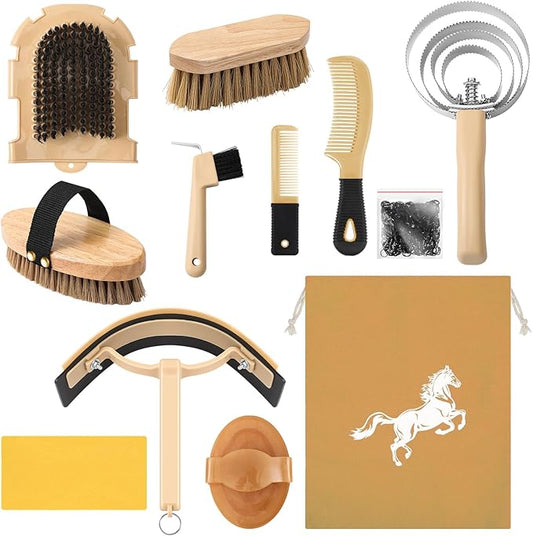 Abbylike 12 Pieces Horse Grooming Kit Racing Festival Tack Room Supplies Horse Brush Sets Equine Care Cleaning Kit Shedding Grooming Massaging Tools(Khaki)