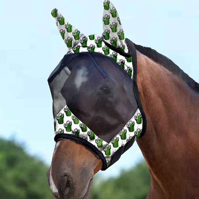Harrison Howard LumiVista Horse Fly Mask Standard with Ears UV Protection for Horse Green Cactus L Full Size