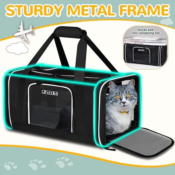 Petskd Length-Expandable Pet Carrier 18x11x11 Inches Delta American United Airline Approved, Soft Pet Travel Carrier for Small Cats Dogs with Zipper Locks and Anti-Scratch Mesh(Black)