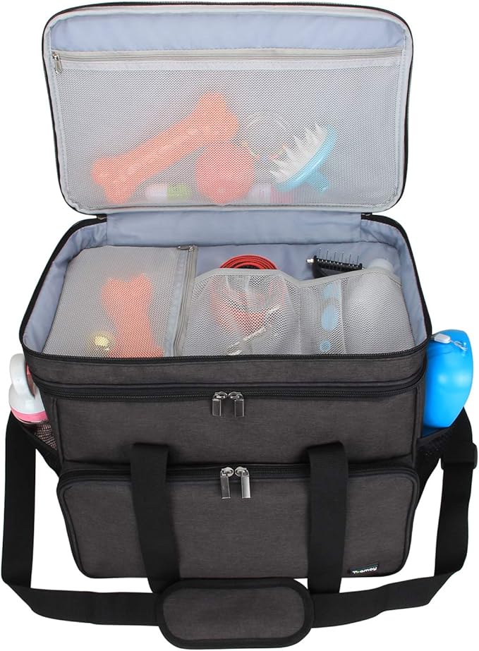 Teamoy Double Layer Dog Travel Bag, Dog Bag for Supplies with 2 Silicone Collapsible Bowls, 2 Food Carriers, 1 Water-Resistant Placemat, Pet Supplies Weekend Tote Organizer (Large, Black)