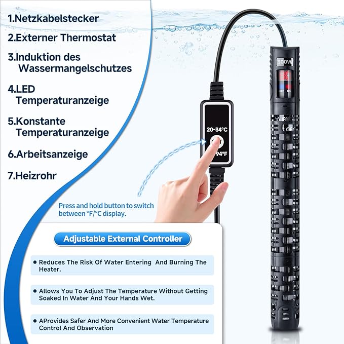 Aquarium Heater Submersible Fish Tank 300W& Turtle Tank Heater with External Adjustment Controller, Included Thermometer, LED Display, Overheat Protection, Detachable Cover, for Saltwater&Freshwater