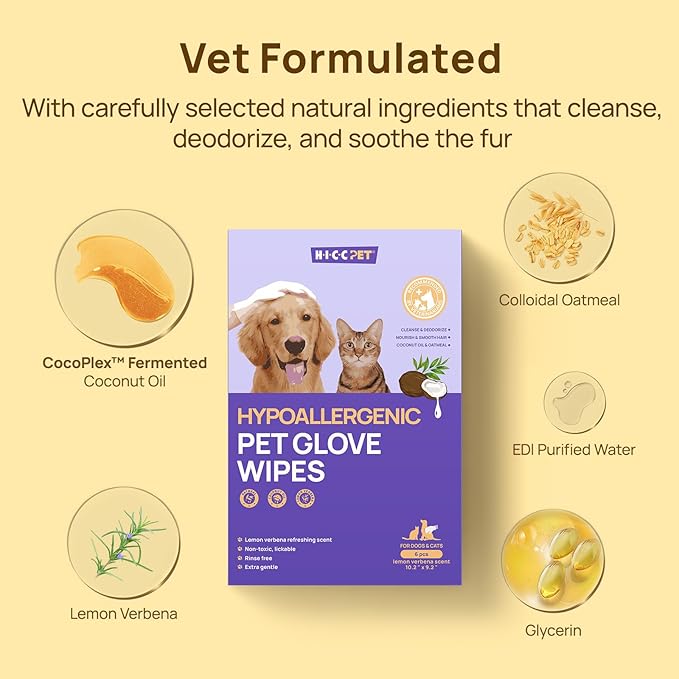 HICC PET Cleaning Deodorizing Glove Wipes for Dogs & Cats, Vet Recommended Hypoallergenic Pet Cleaning and Hydrating Glove Wipes, Nourish Fur Coconut Oil Pet Bathing Wipes for Horse Coat Care
