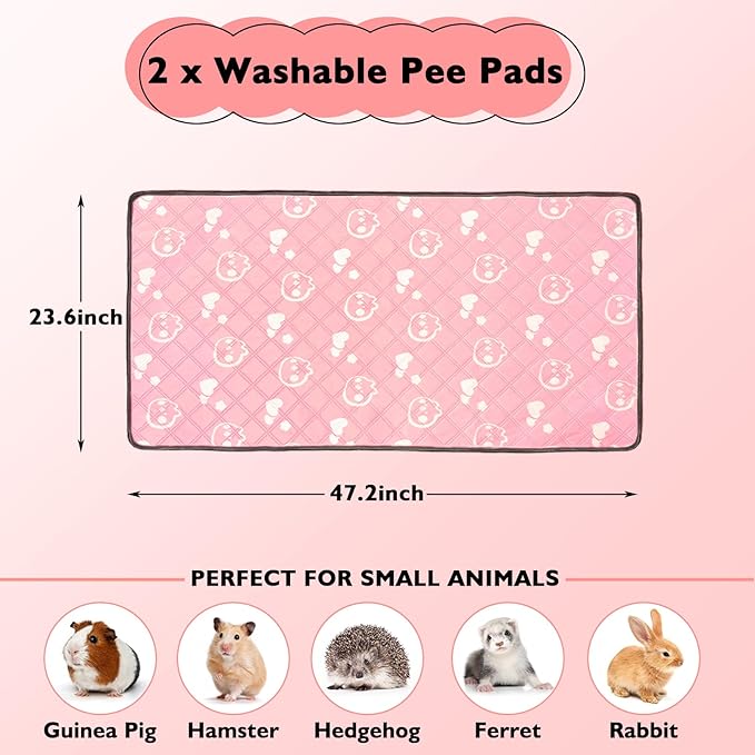 2 Pack Guinea Pig Bedding - Washable Guinea Pig Liner for Midwest Cage, Waterproof Reusable & Anti Slip Pee Pads Super Absorbent Mats for Small Animals Rabbit Hamster Rat (Pink, 48 x 24 Inch)