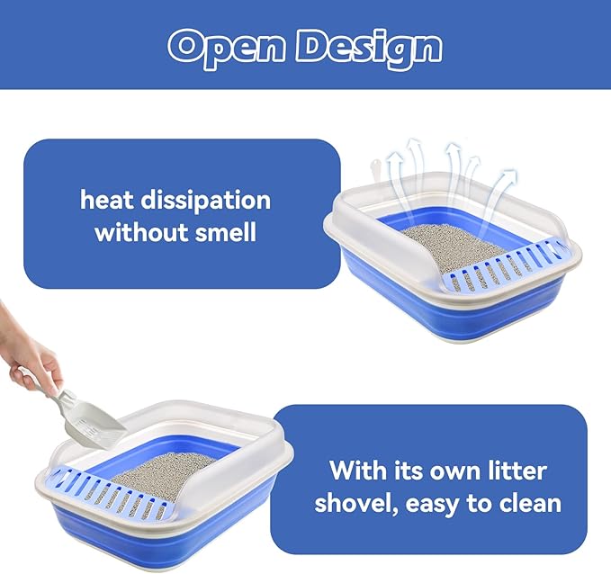High Sided Cat Litter Box, Anti-Splashing Low Entry Cats Litter Pan with Scoop Collapsible Foldable Shallow Kitten Potty Toilet Waterproof Cat Travel Litterbox Semi-Enclosed Easy Clean(Blue)