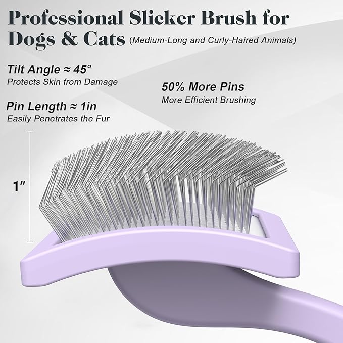 2PCS Slicker Brush for Dogs & Pet Comb,Professional Dog Grooming Brush (Goldendoodles,Poodles,Labradoodles) with Extra Long Pins to Effectively Remove Tangles, Knots and Mats (Light Purple)
