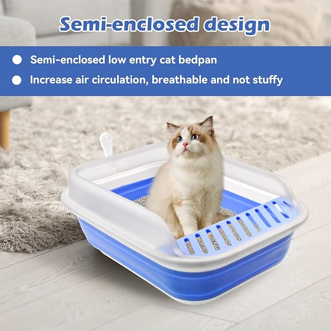 High Sided Cat Litter Box, Anti-Splashing Low Entry Cats Litter Pan with Scoop Collapsible Foldable Shallow Kitten Potty Toilet Waterproof Cat Travel Litterbox Semi-Enclosed Easy Clean(Blue)