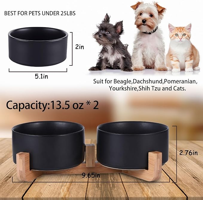 Petygooing Ceramic Dog Cat Bowls Set with Stand,Black Pet Food and Water Bowl,Small Dog Bowls Cute Modern Anti Slip Set of 2 Pet Feeder Small Size Pet Dish(13.5OZ/5.1 in)