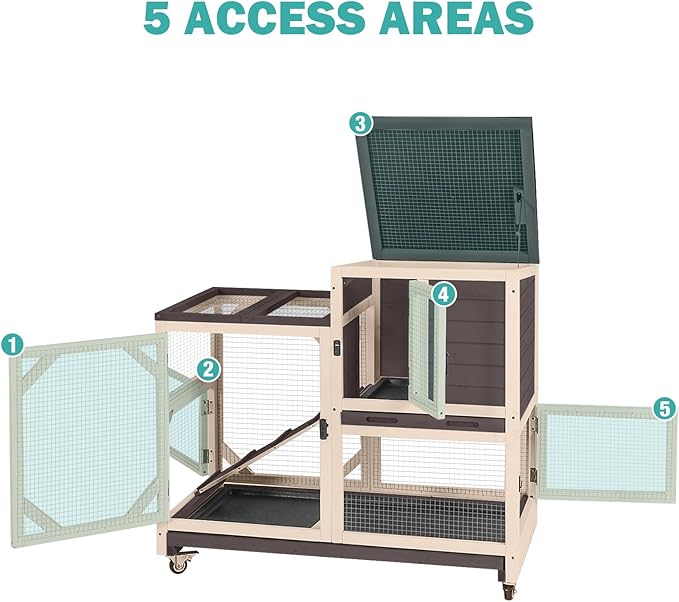 Rabbit Hutch Indoor for 2-4 Rabbits & Guinea Pigs，Bunny Cage with Slide-Out Plastic Trays，Wooden Small Animal Cage for Rabbits, Bunnies, and Guinea Pigs (Dark Brown)