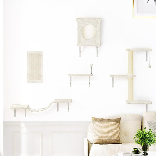 NUNU LAB Cat Wall Shelves Set, 5 Pcs Wall-Mounted Cat Climber with Condo House, Bridge Ladder, Scratching Post, Indoor Cat Furniture Set, Beige