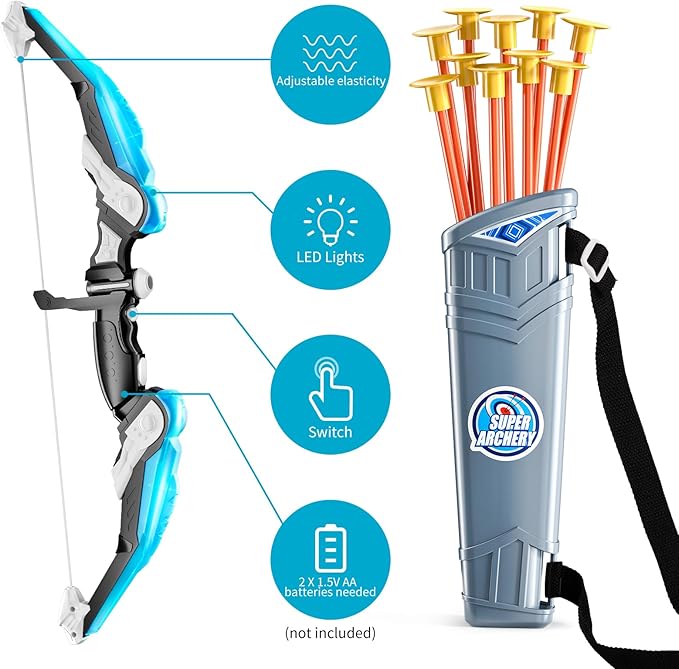 TEMI Bow and Arrow Set for Kids - Archery Toy Set - LED Light Up with Suction Cup Arrows, Target & Quiver, Indoor and Outdoor Toys for Children Boys Girls