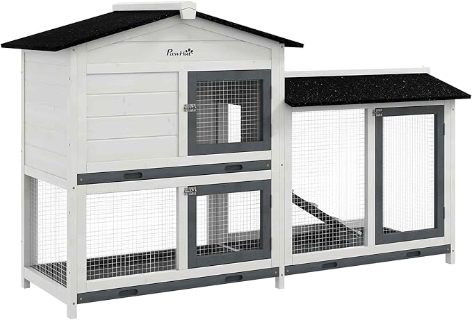 PawHut 62" Rabbit Hutch, Wooden Bunny Hutch, Guinea Pig Cage, Small Animal Enclosure with Run Area, Removable Tray, Asphalt Roof, Lockable Doors and Ramp, for Rabbits, Chickens, Ducks, White